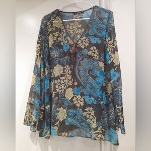 Bohemian Long Sleeves Chiffone Women's Top - Turquoise and Brown